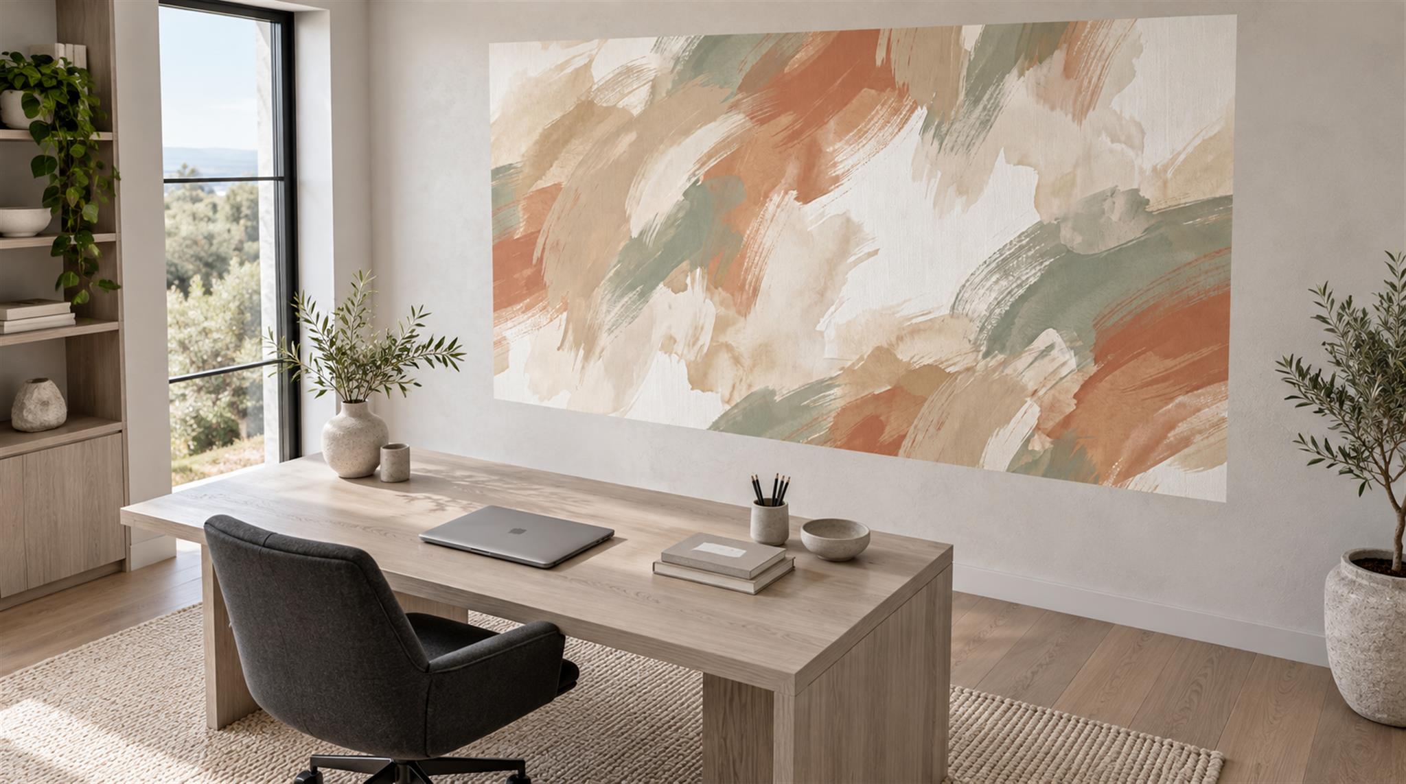 Terracotta Sage Abstract Brushstroke Wallpaper Mural Scene
