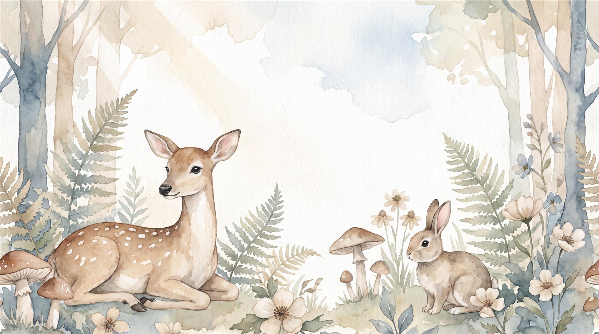 Woodland Deer And Rabbit Watercolour Wallpaper Mural Main