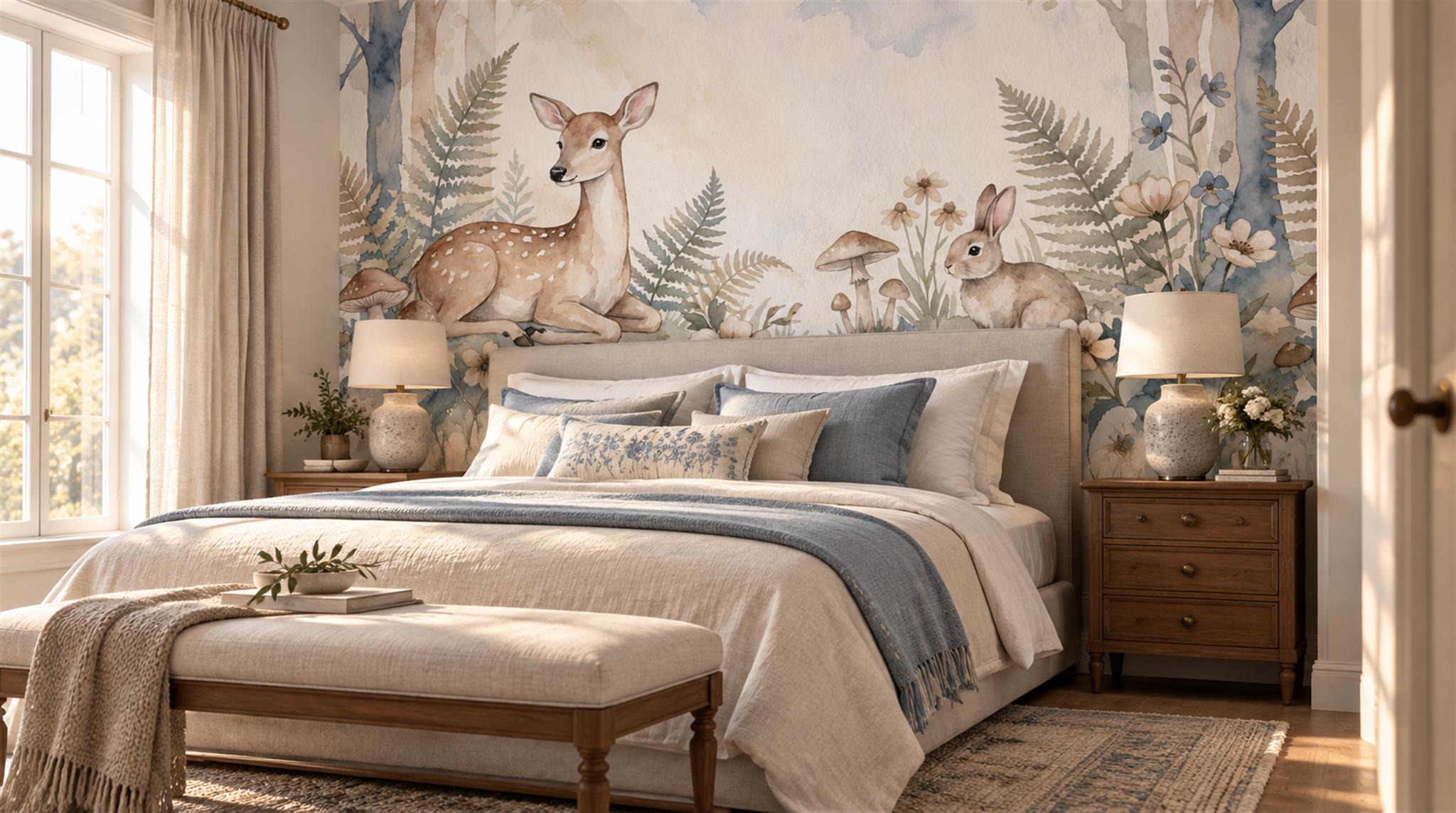 Woodland Deer And Rabbit Watercolour Wallpaper Mural Main