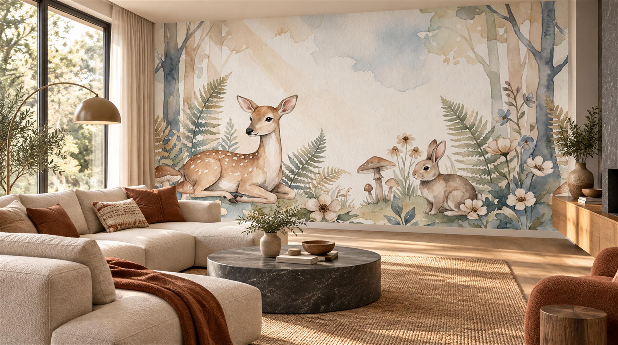 Woodland Deer And Rabbit Watercolour Wallpaper Mural Scene