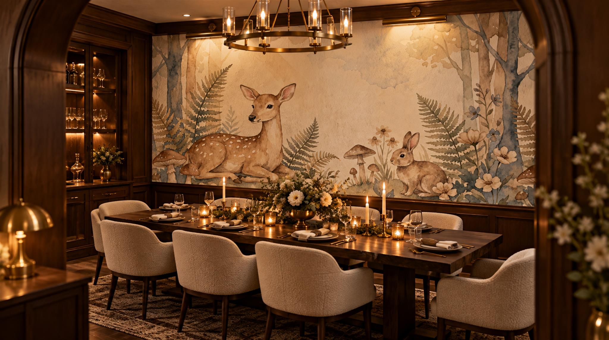 Woodland Deer And Rabbit Watercolour Wallpaper Mural Scene