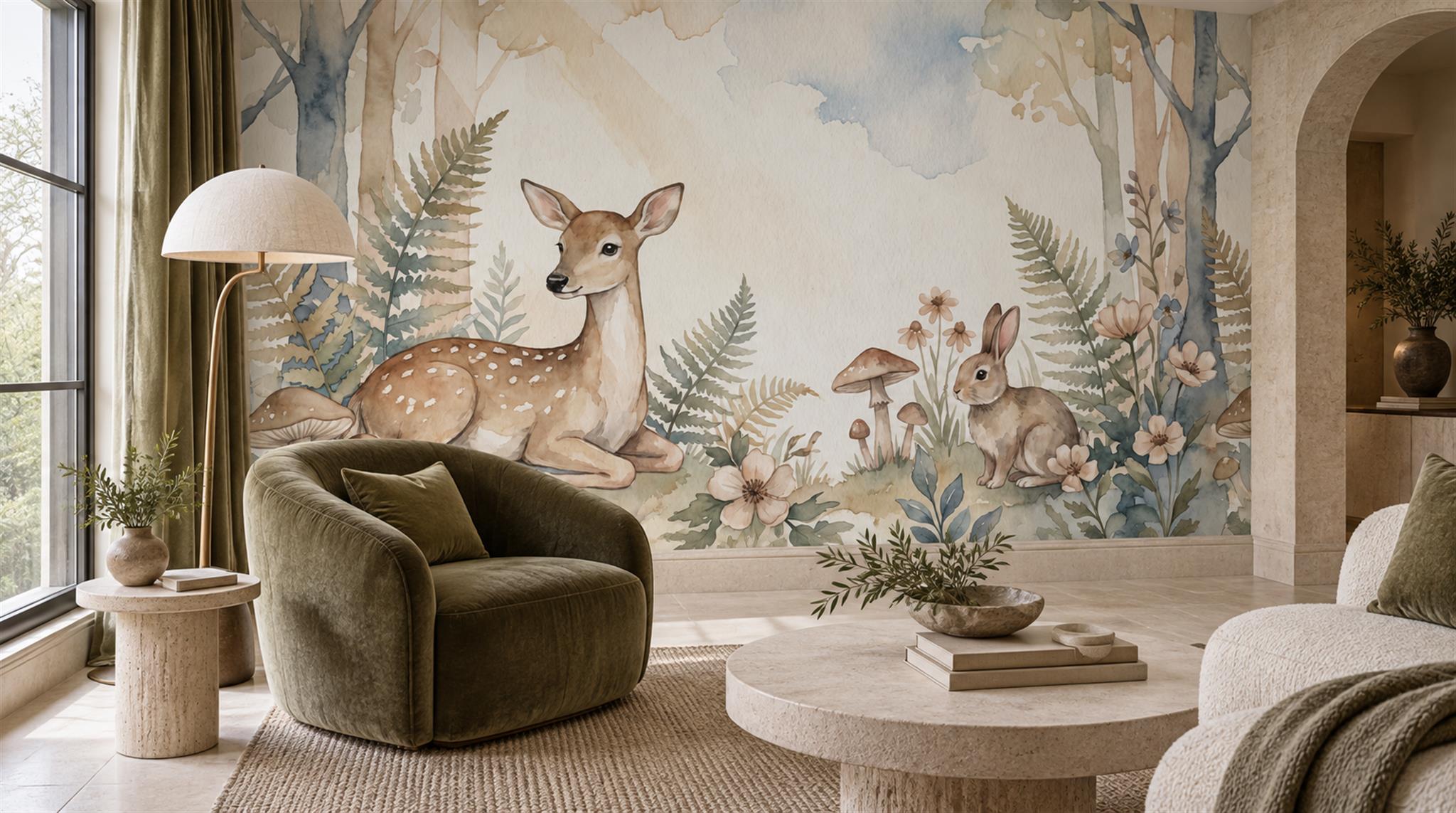 Woodland Deer And Rabbit Watercolour Wallpaper Mural Scene
