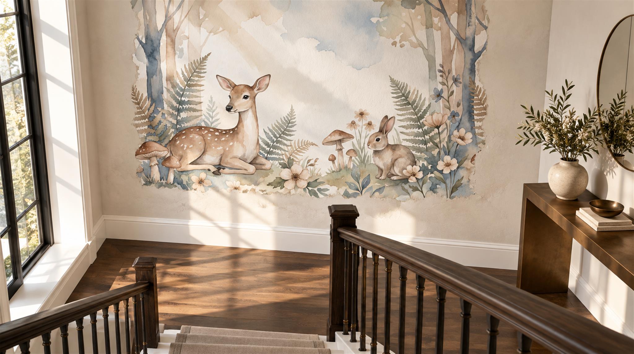 Woodland Deer And Rabbit Watercolour Wallpaper Mural Scene