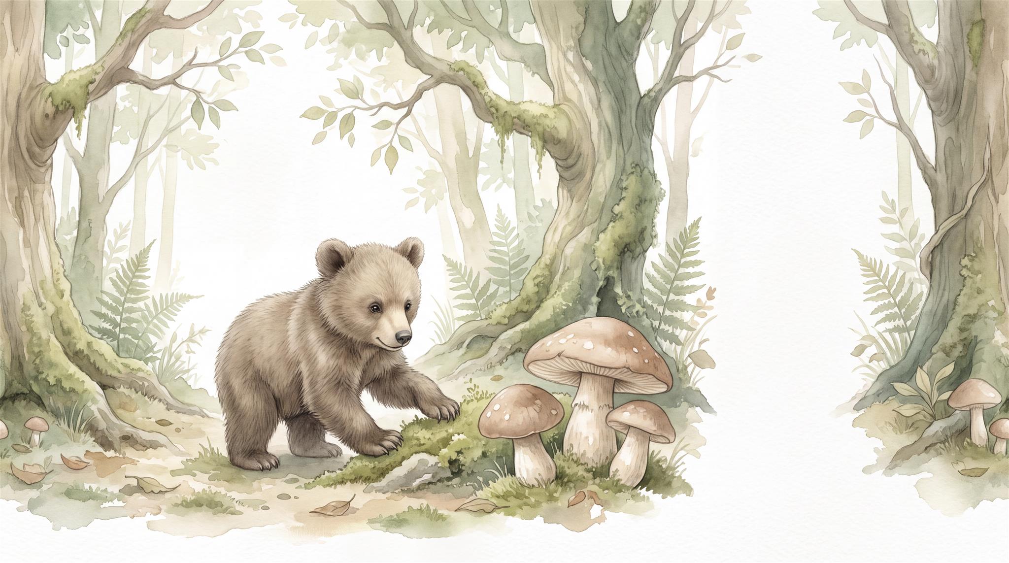 Woodland Bear And Mushroom Watercolour Wallpaper Mural Main