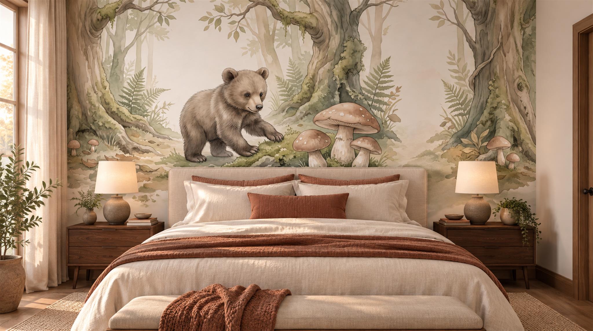 Woodland Bear And Mushroom Watercolour Wallpaper Mural Main
