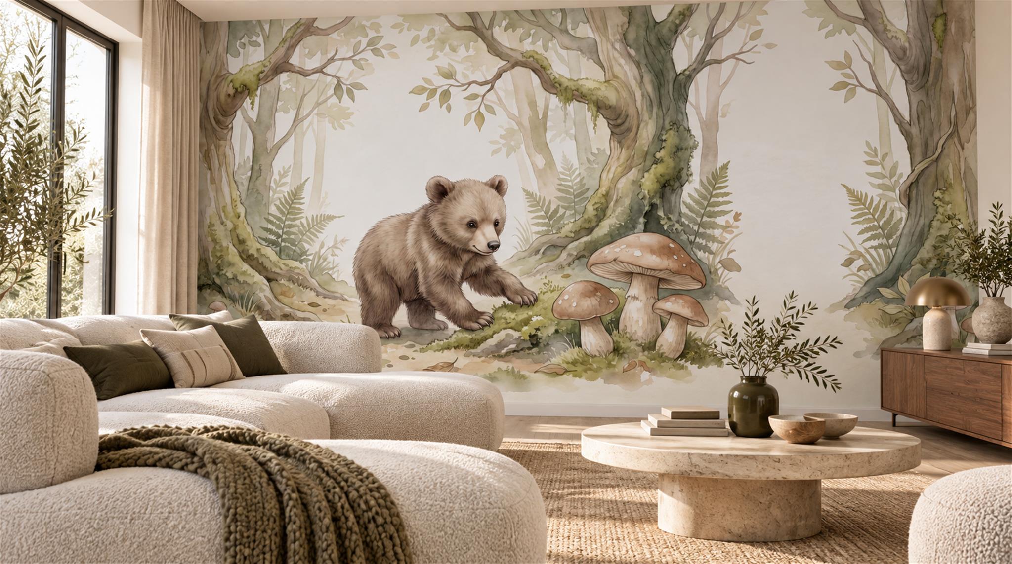 Woodland Bear And Mushroom Watercolour Wallpaper Mural Scene