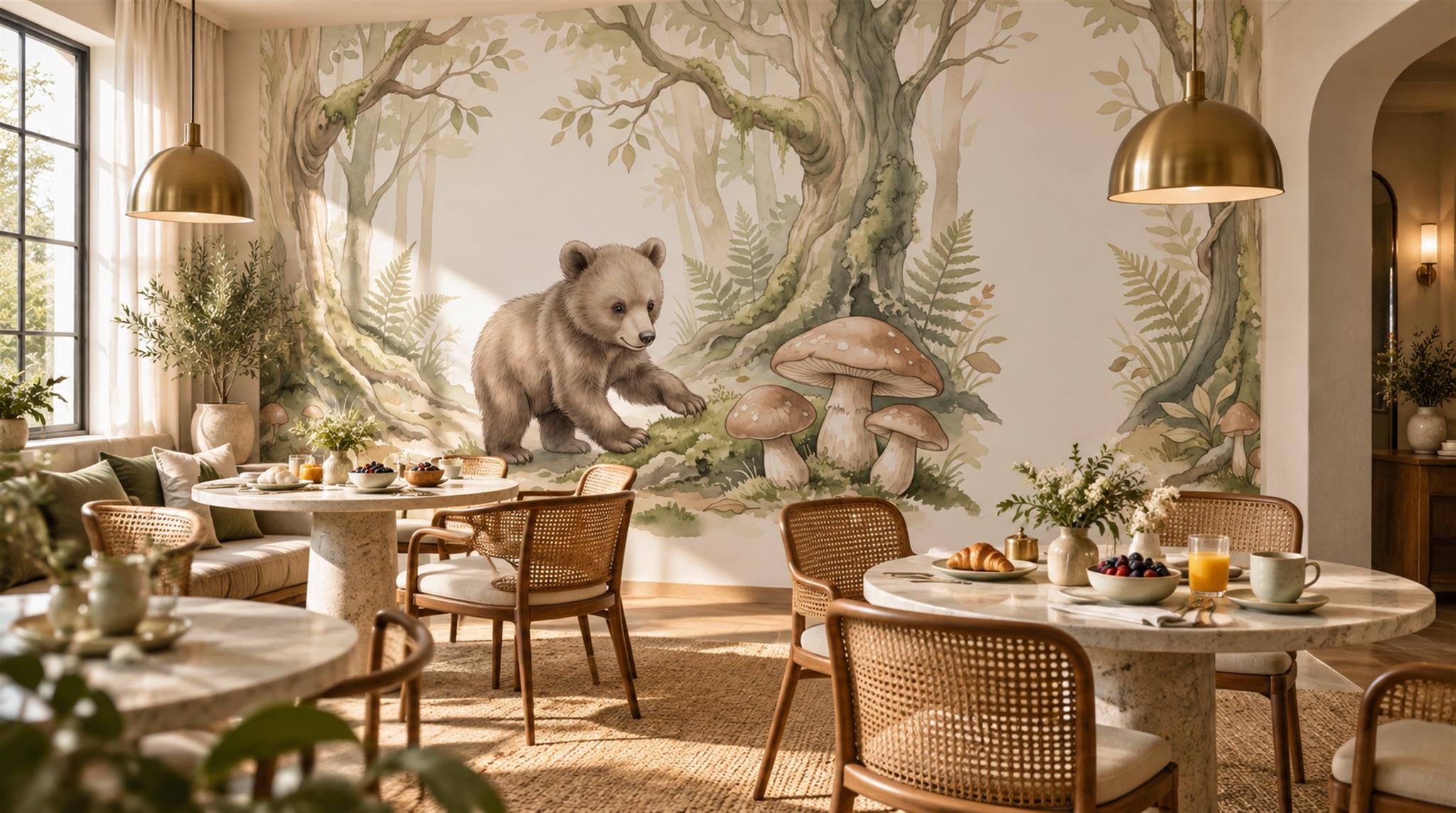 Woodland Bear And Mushroom Watercolour Wallpaper Mural Scene