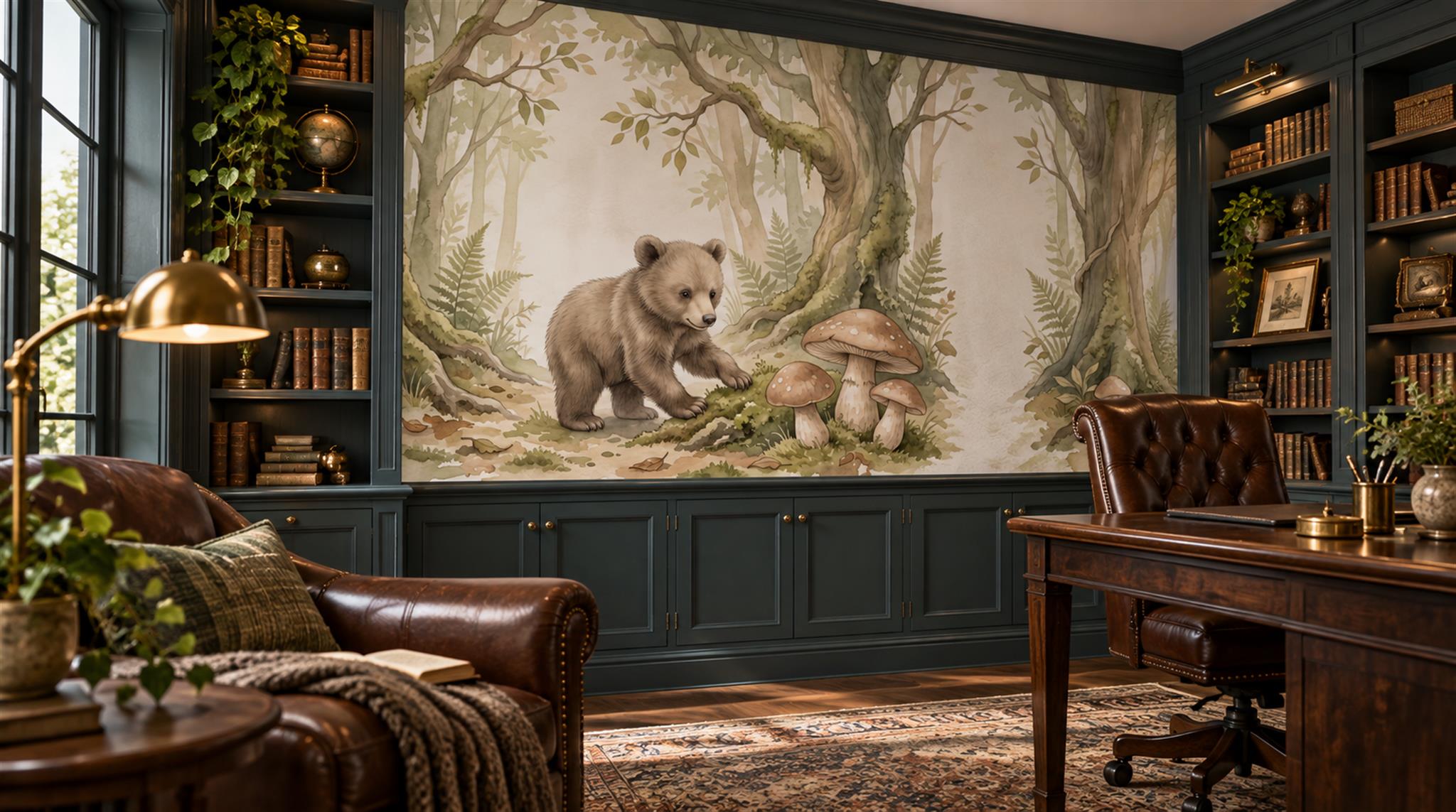 Woodland Bear And Mushroom Watercolour Wallpaper Mural Scene