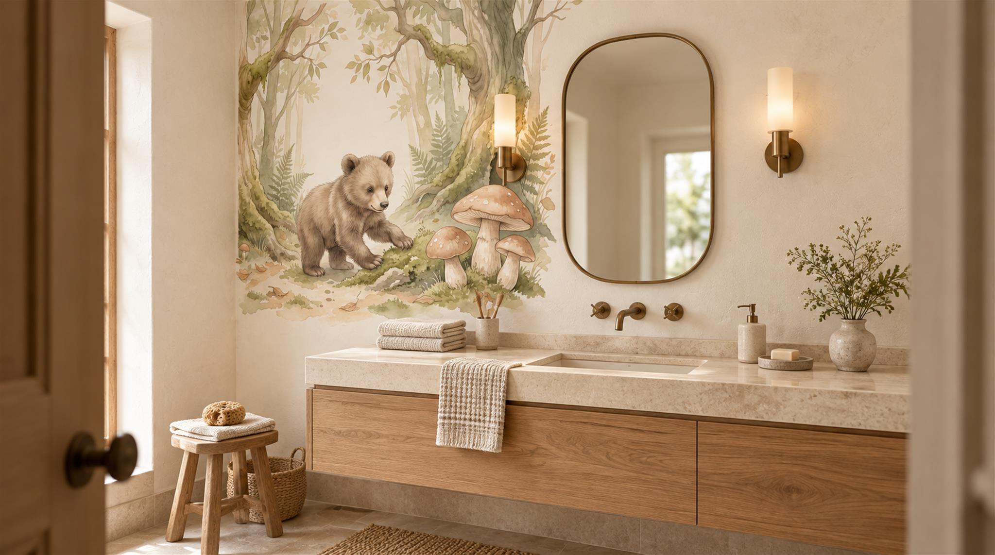 Woodland Bear And Mushroom Watercolour Wallpaper Mural Scene
