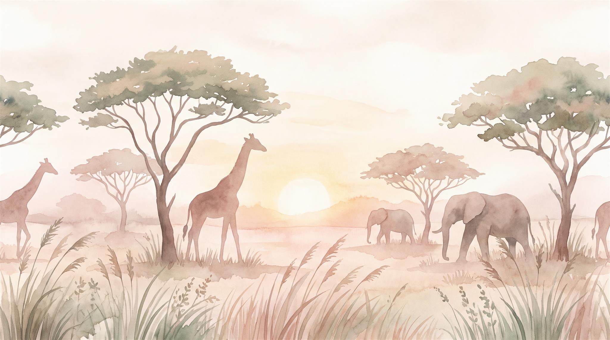 Safari Giraffe And Elephant Watercolour Wallpaper Mural Main