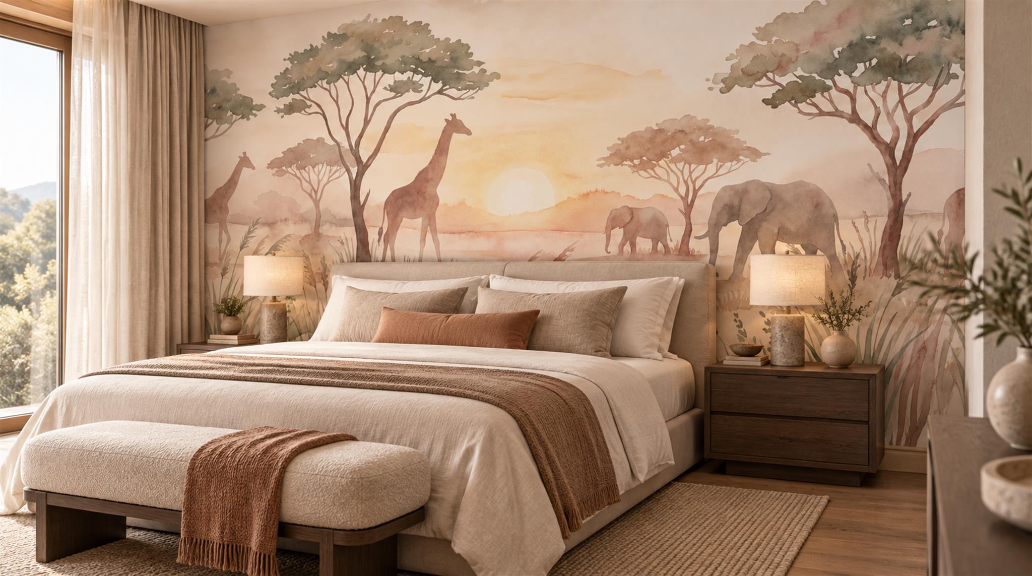 Safari Giraffe And Elephant Watercolour Wallpaper Mural Main