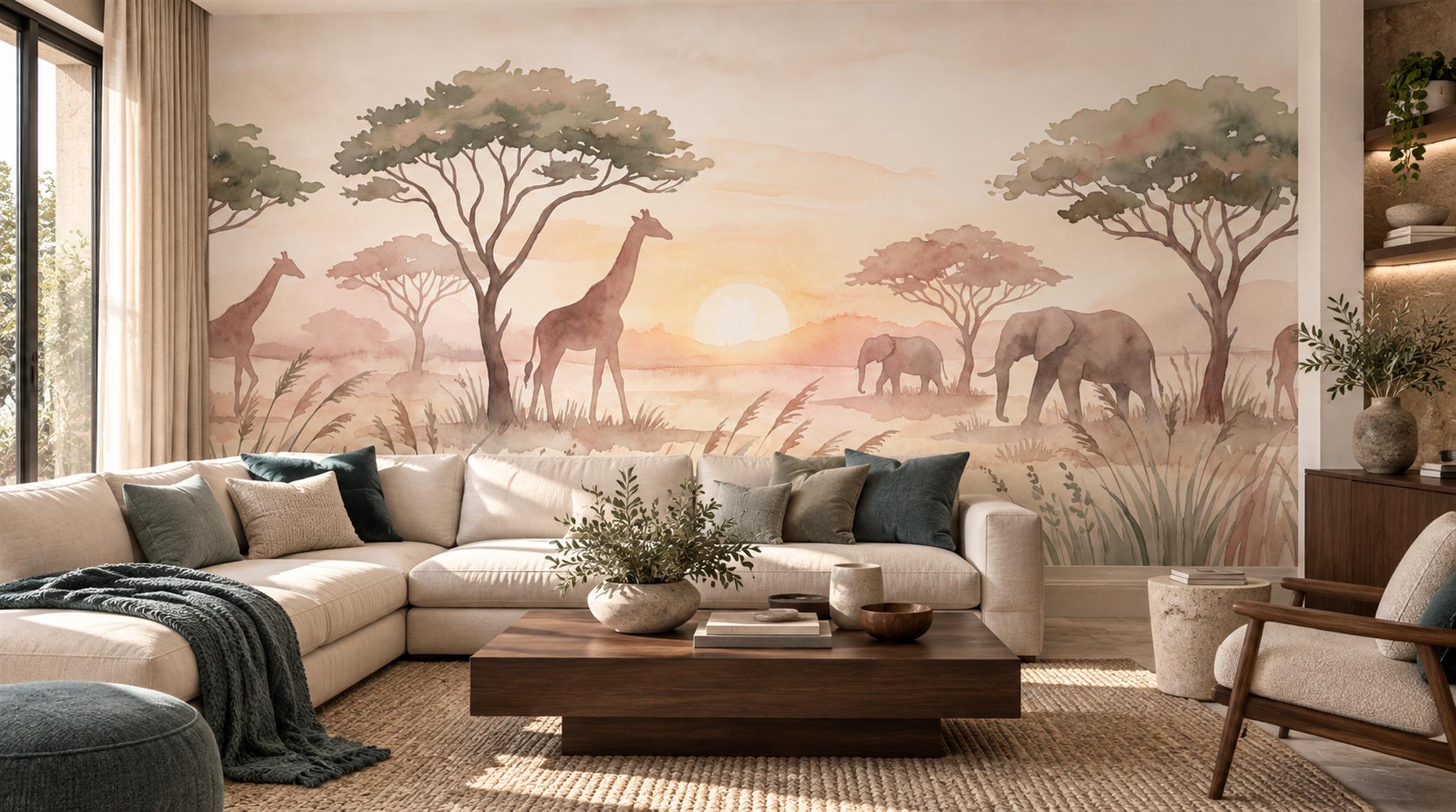 Safari Giraffe And Elephant Watercolour Wallpaper Mural Scene