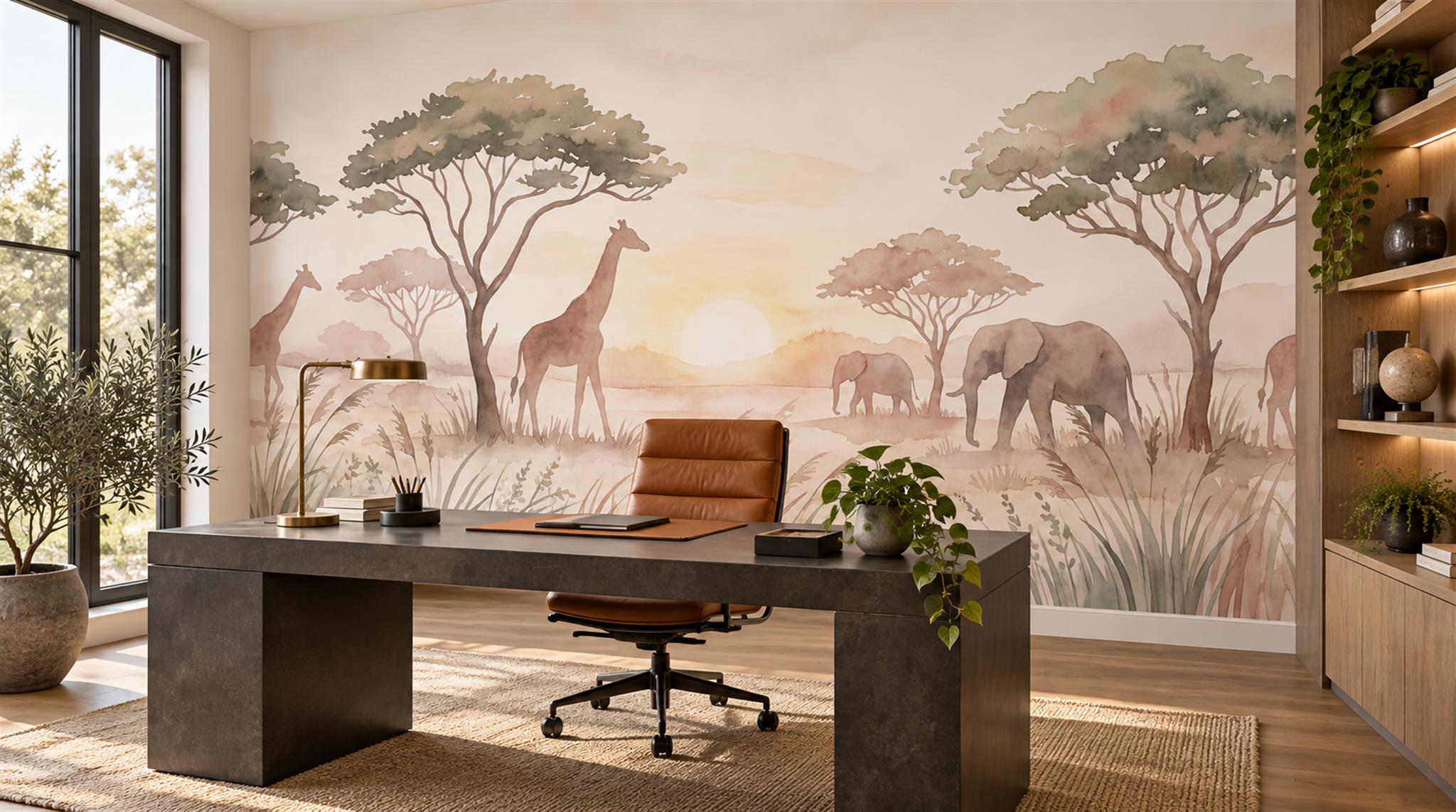 Safari Giraffe And Elephant Watercolour Wallpaper Mural Scene