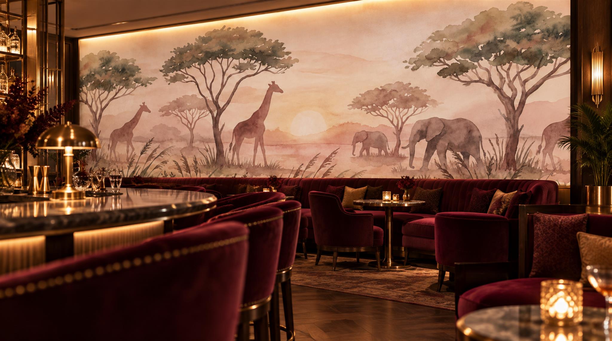 Safari Giraffe And Elephant Watercolour Wallpaper Mural Scene
