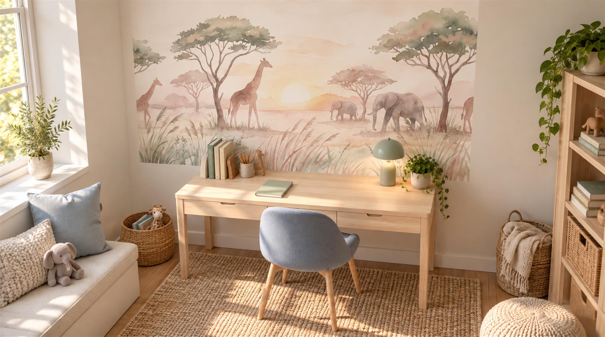 Safari Giraffe And Elephant Watercolour Wallpaper Mural Scene