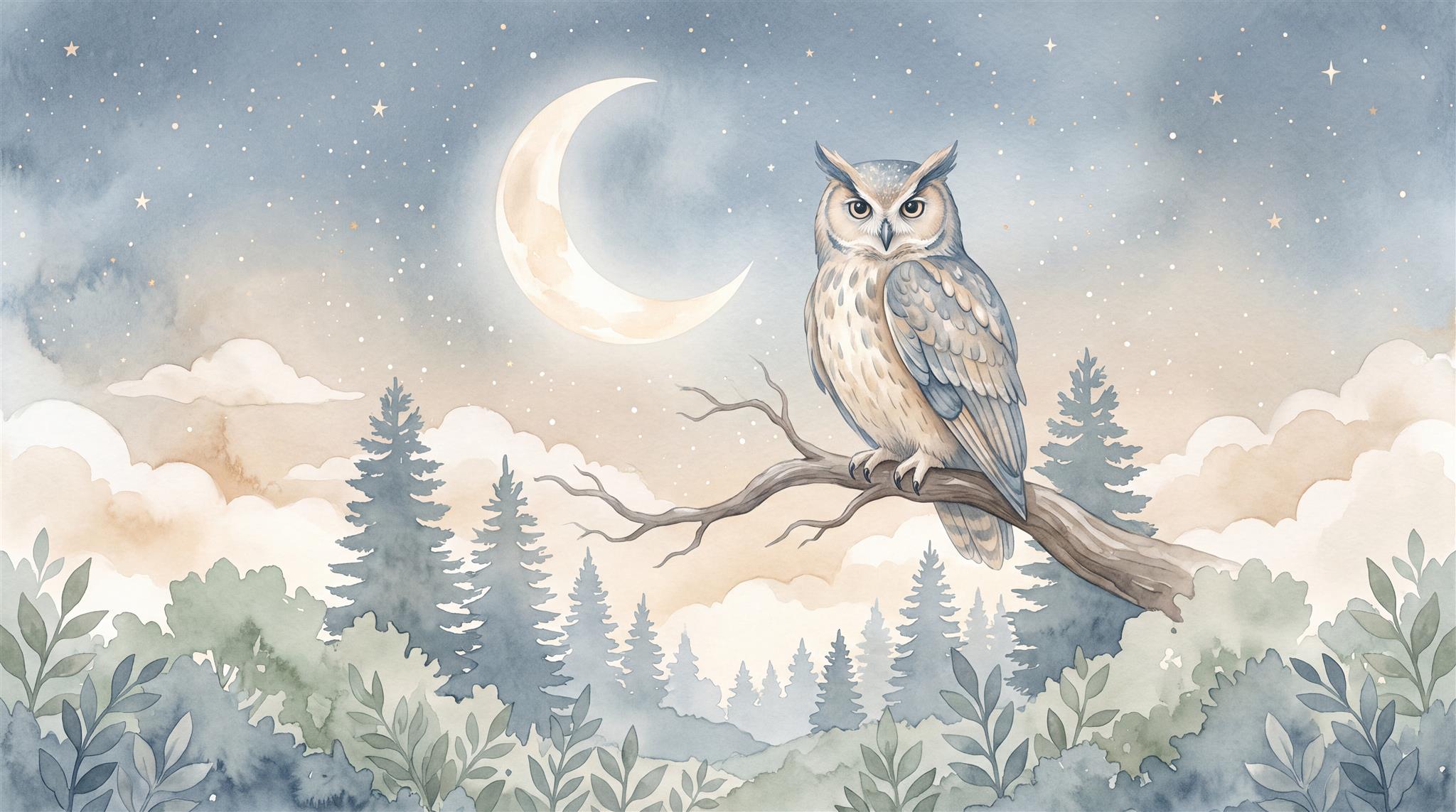 Moonlit Owl Woodland Watercolour Wallpaper Mural Main