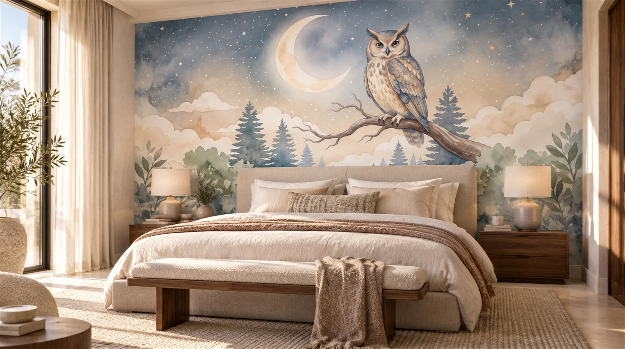 Moonlit Owl Woodland Watercolour Wallpaper Mural Main