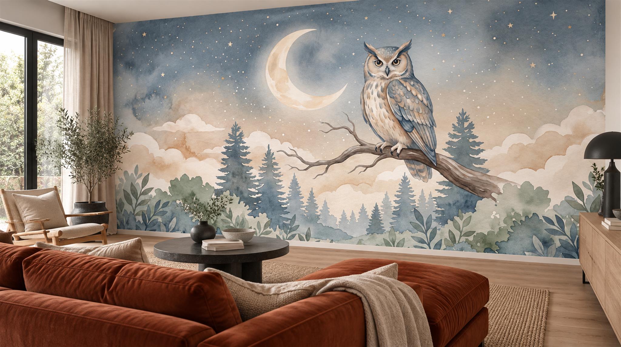 Moonlit Owl Woodland Watercolour Wallpaper Mural Scene
