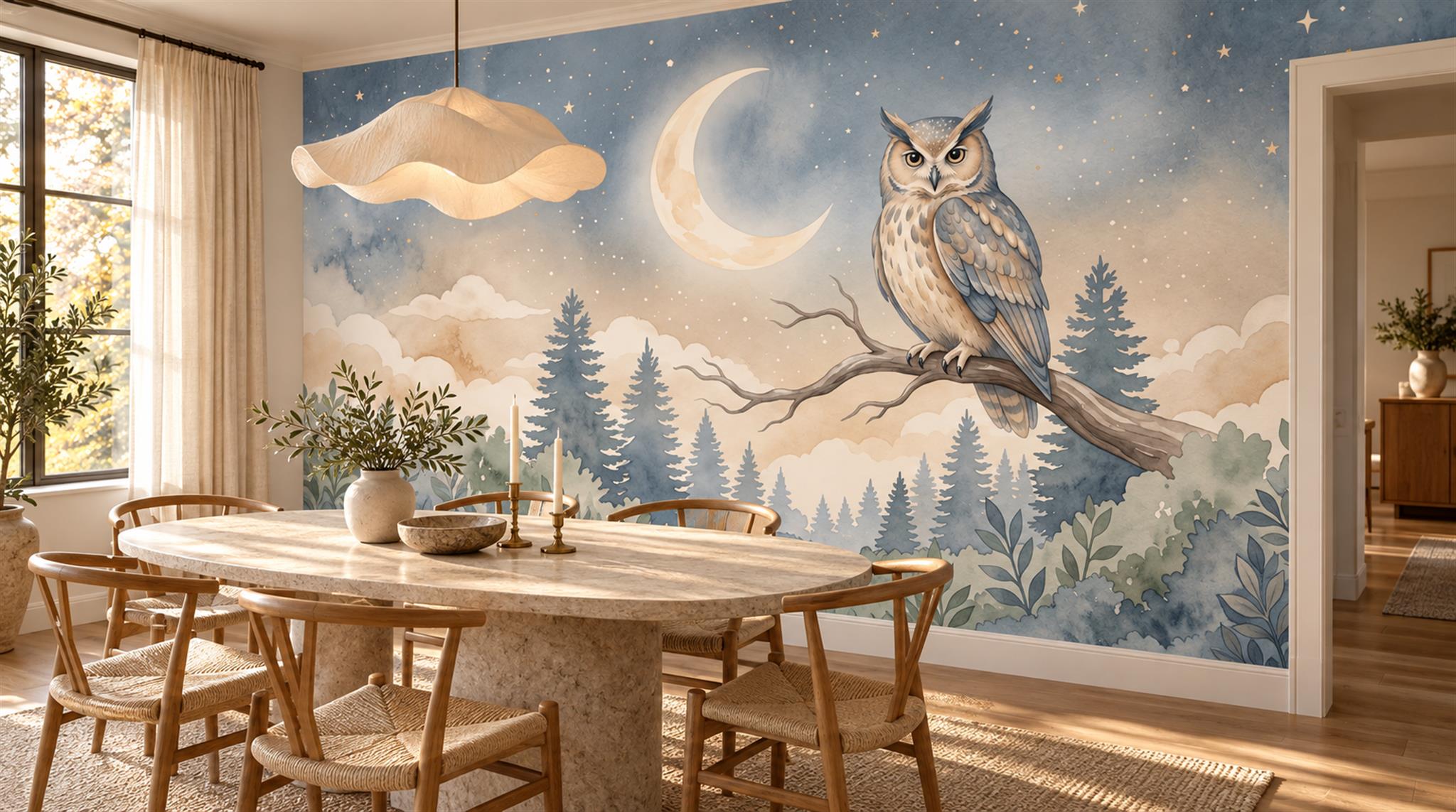 Moonlit Owl Woodland Watercolour Wallpaper Mural Scene