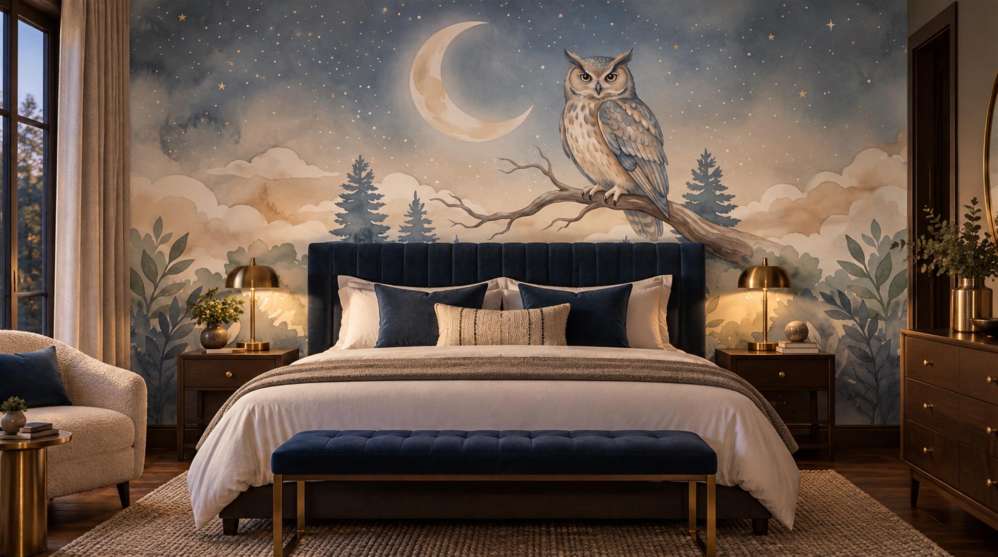 Moonlit Owl Woodland Watercolour Wallpaper Mural Scene