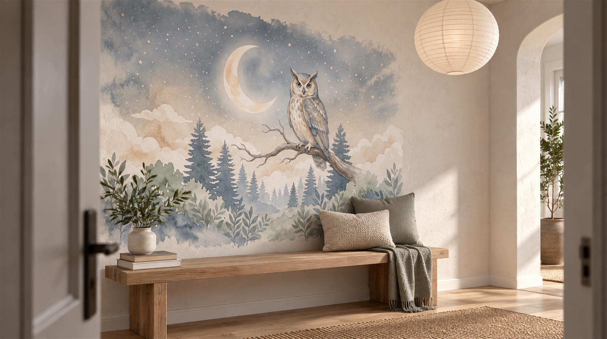 Moonlit Owl Woodland Watercolour Wallpaper Mural Scene
