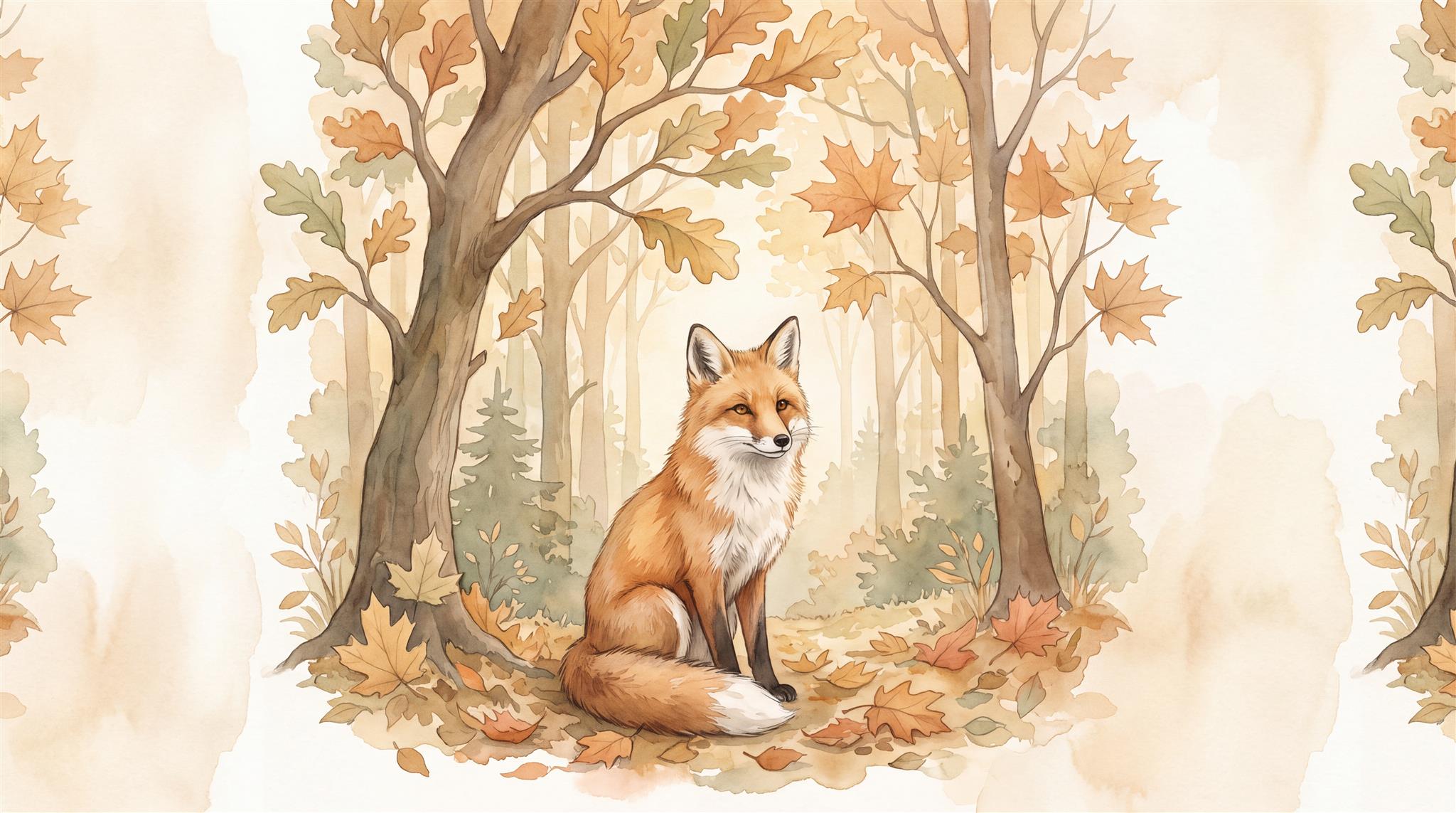 Woodland Fox And Deer Watercolour Wallpaper Mural Main