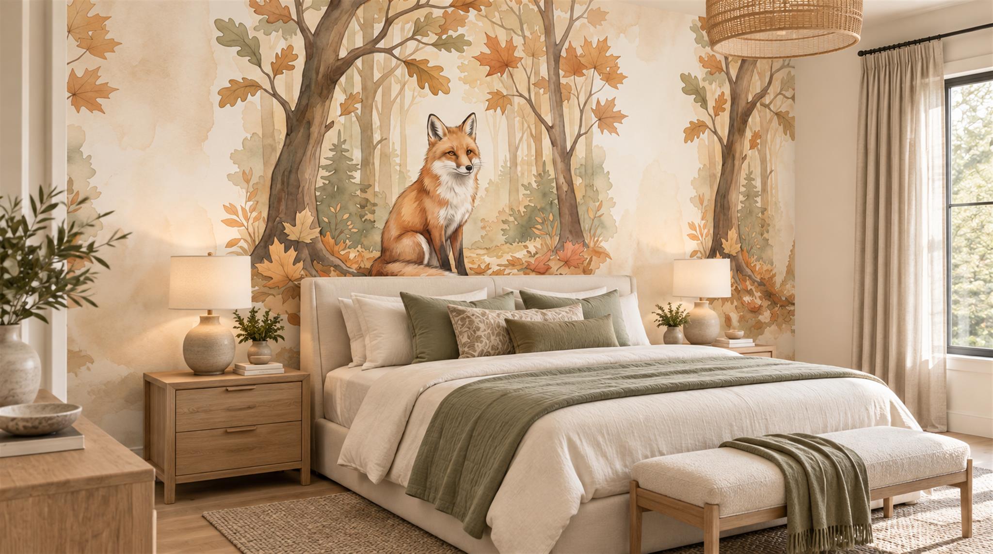 Woodland Fox And Deer Watercolour Wallpaper Mural Main