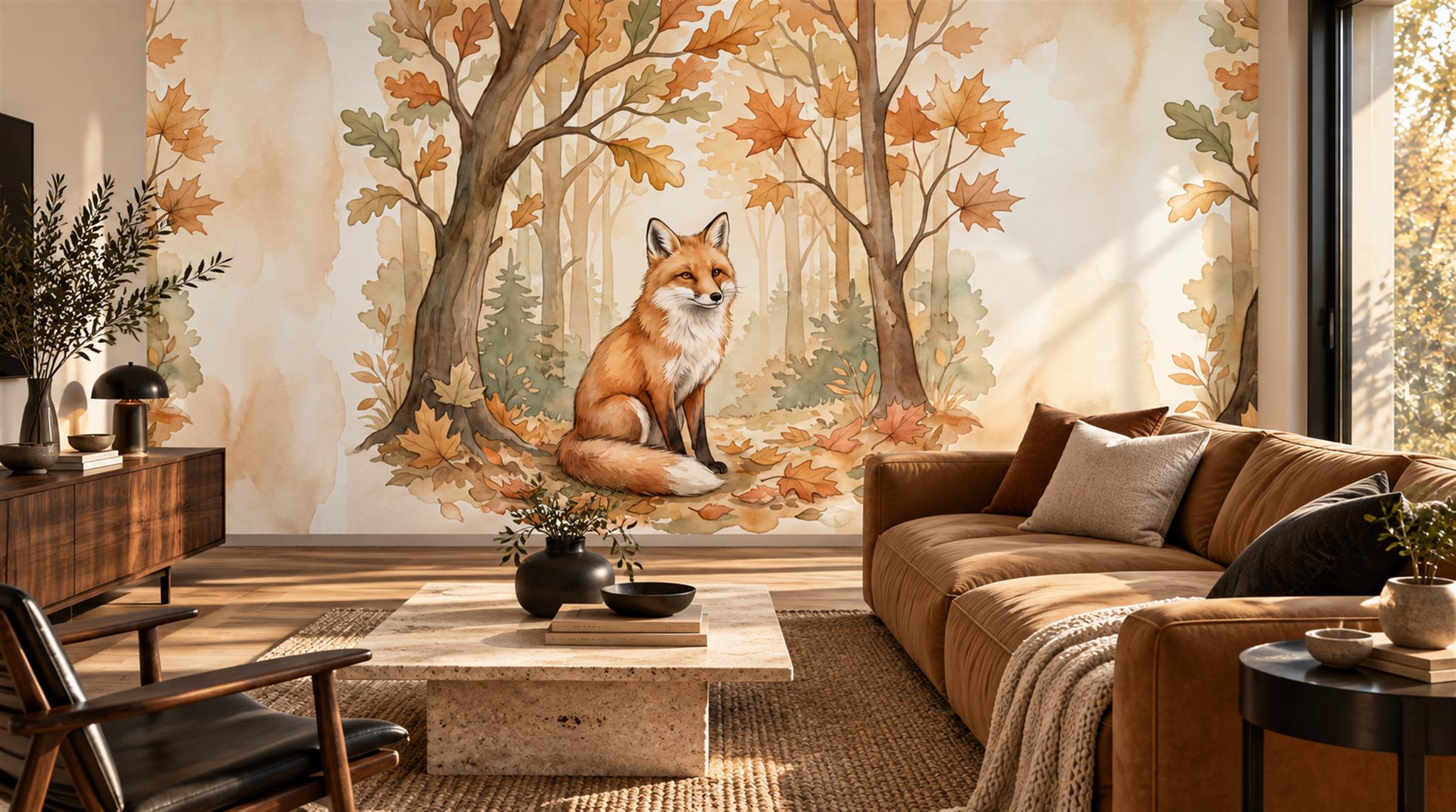 Woodland Fox And Deer Watercolour Wallpaper Mural Scene
