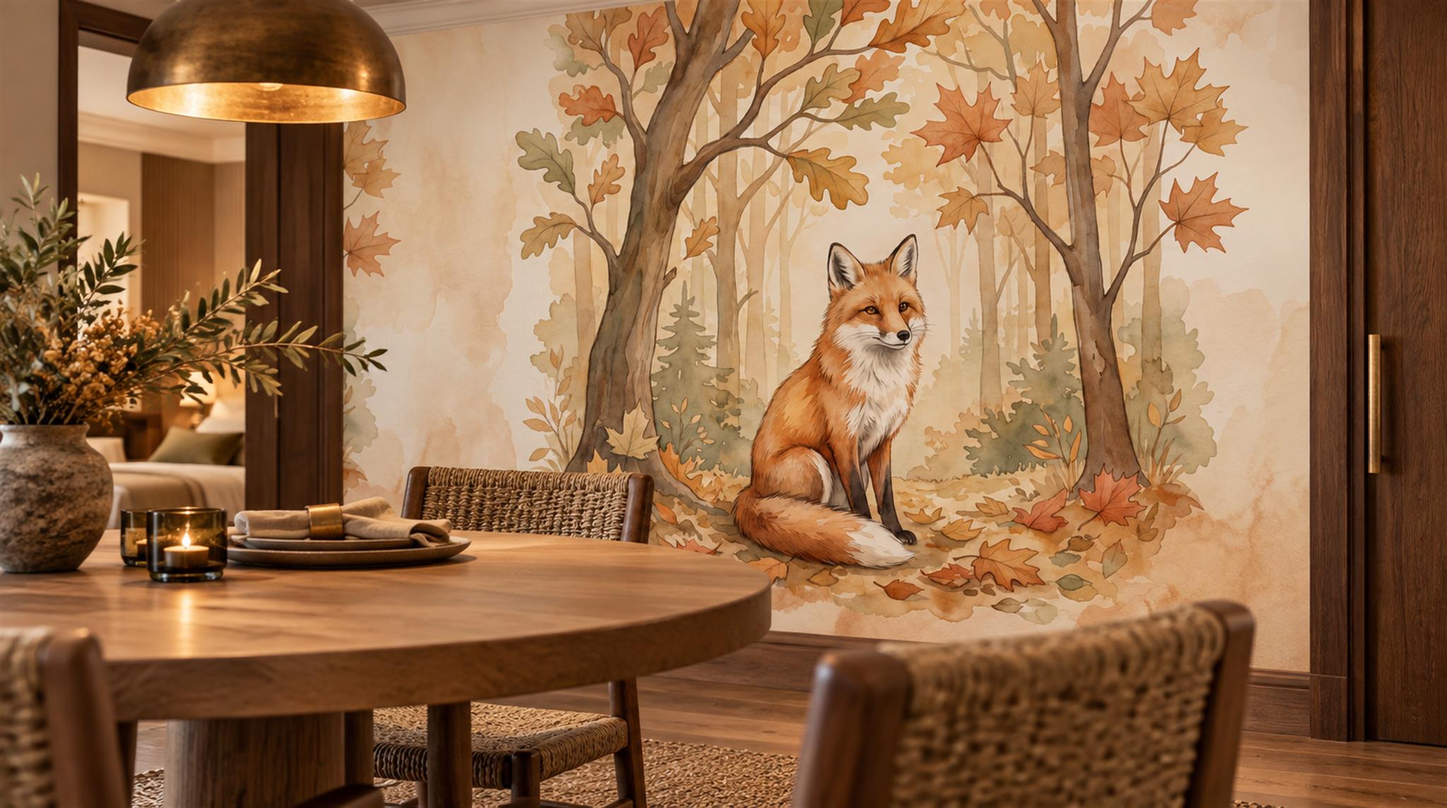 Woodland Fox And Deer Watercolour Wallpaper Mural Scene
