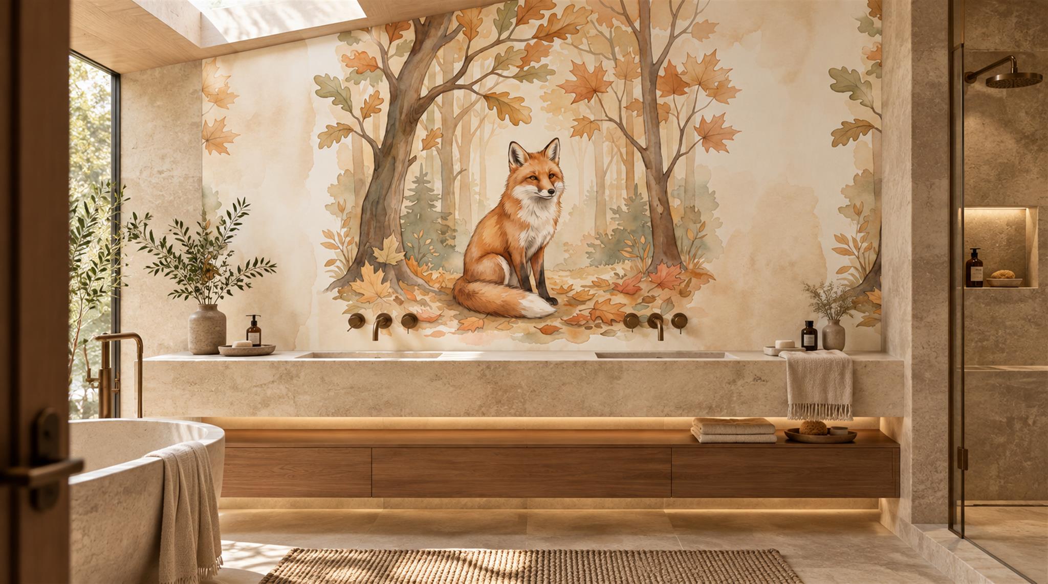 Woodland Fox And Deer Watercolour Wallpaper Mural Scene