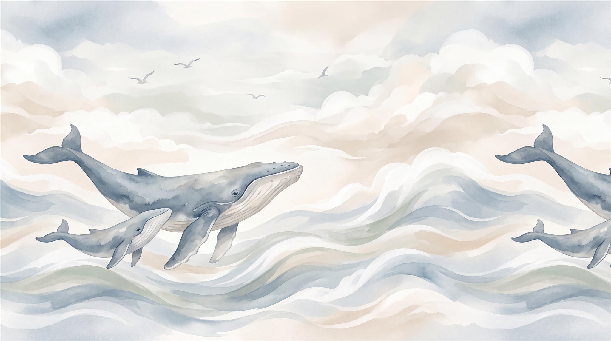 Whale And Ocean Watercolour Wallpaper Mural Main