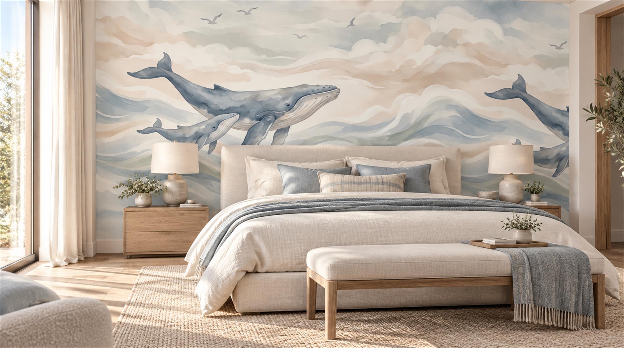 Whale And Ocean Watercolour Wallpaper Mural Main
