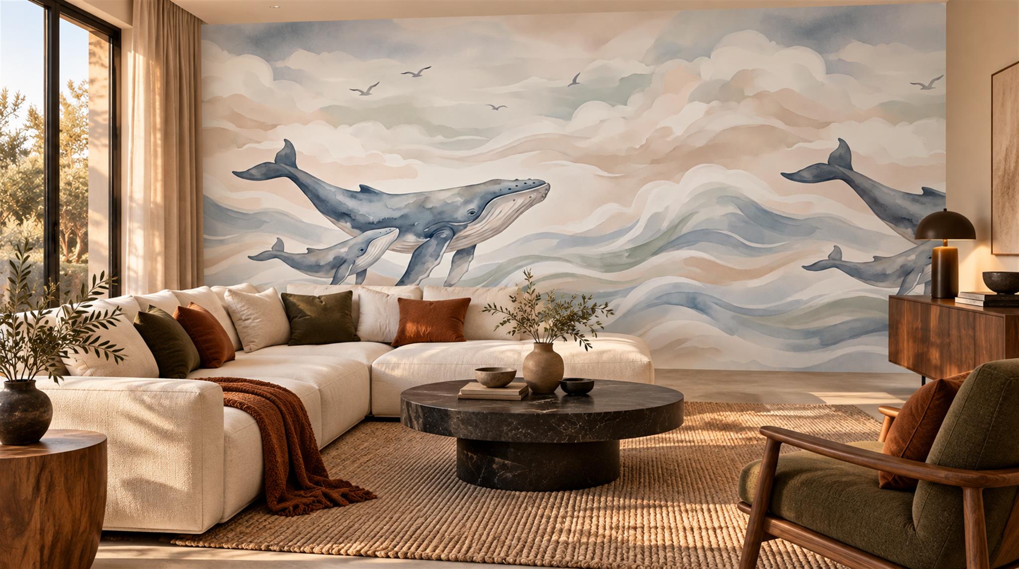 Whale And Ocean Watercolour Wallpaper Mural Scene