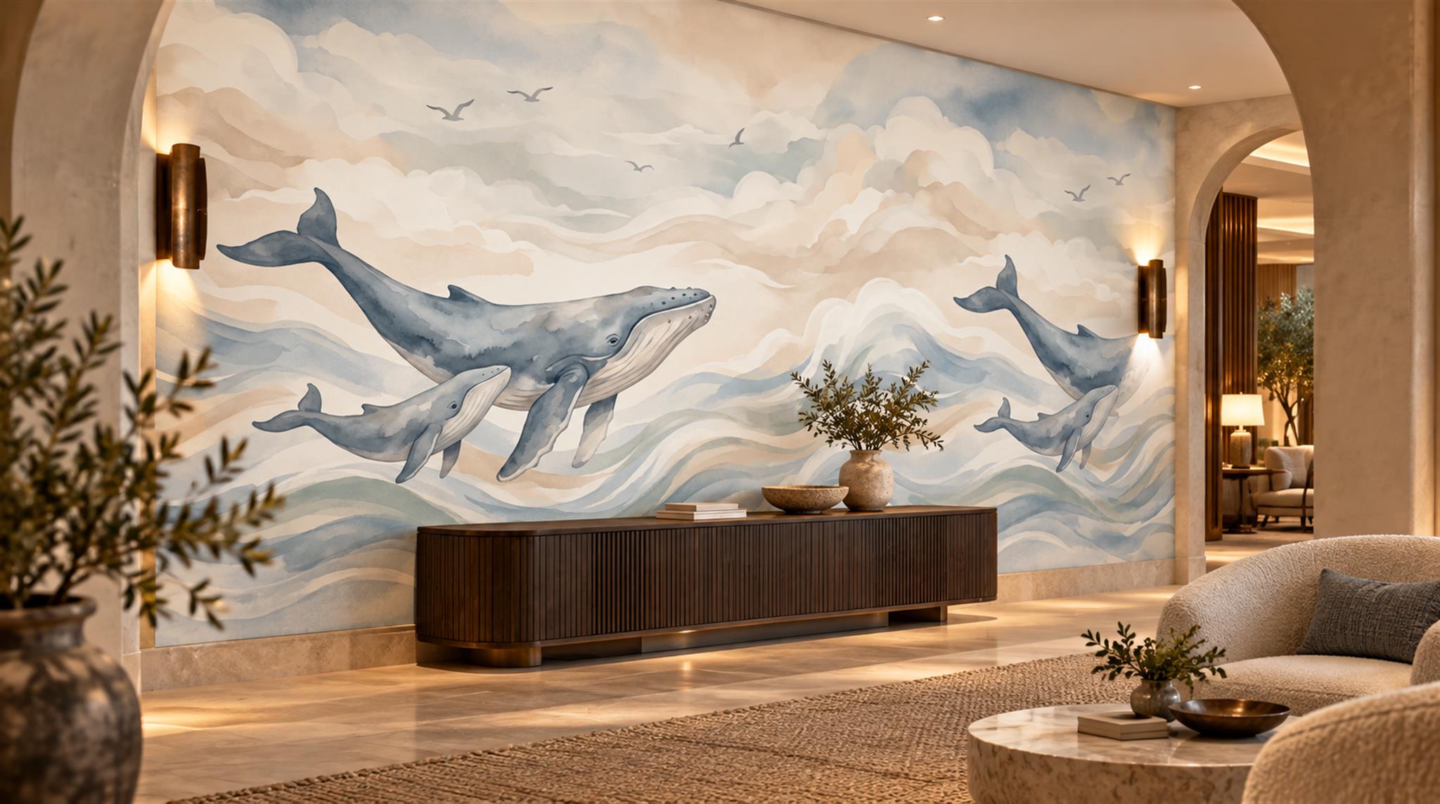 Whale And Ocean Watercolour Wallpaper Mural Scene