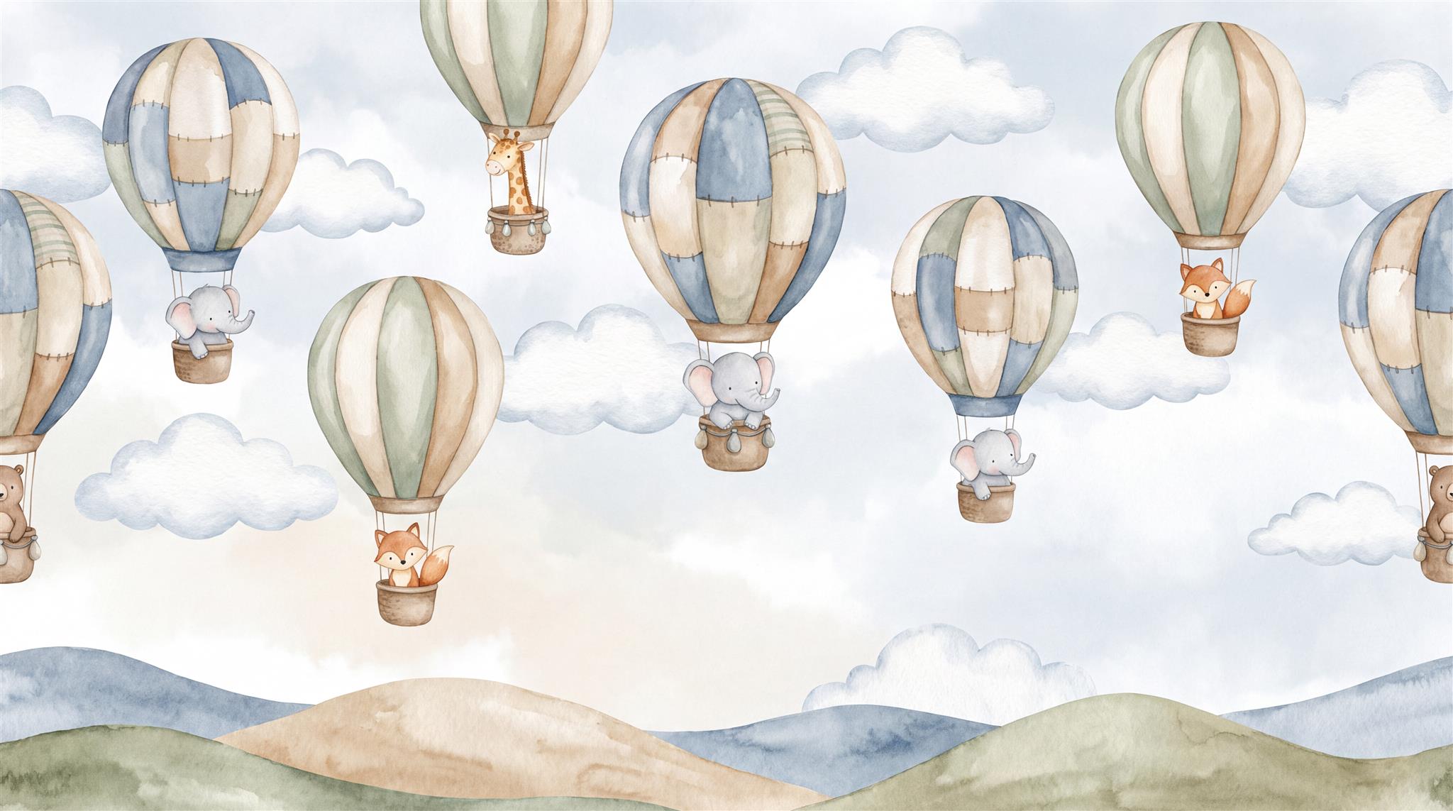 Hot Air Balloon Mountain Watercolour Wallpaper Mural Main