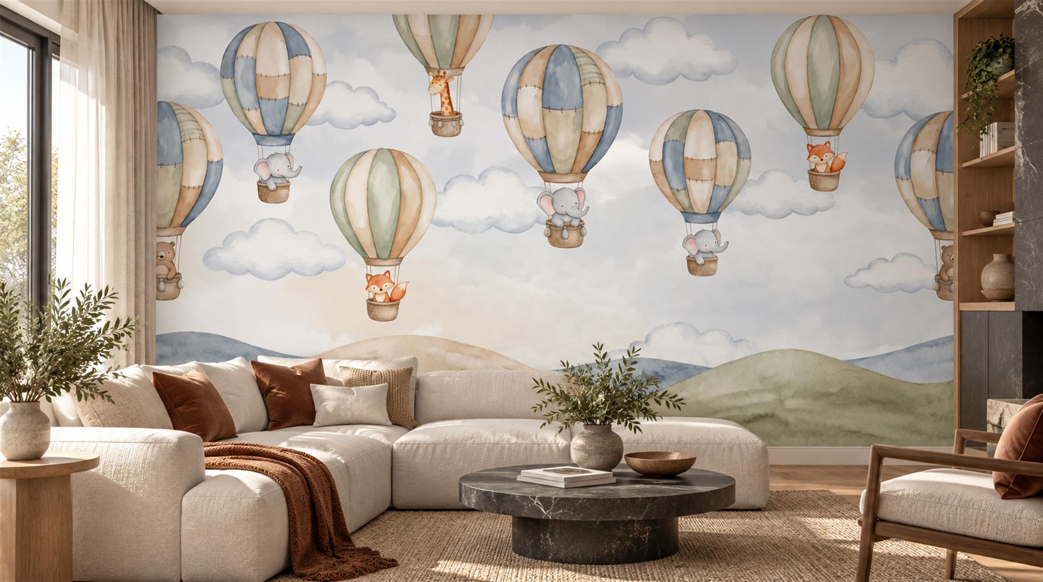Hot Air Balloon Mountain Watercolour Wallpaper Mural Scene
