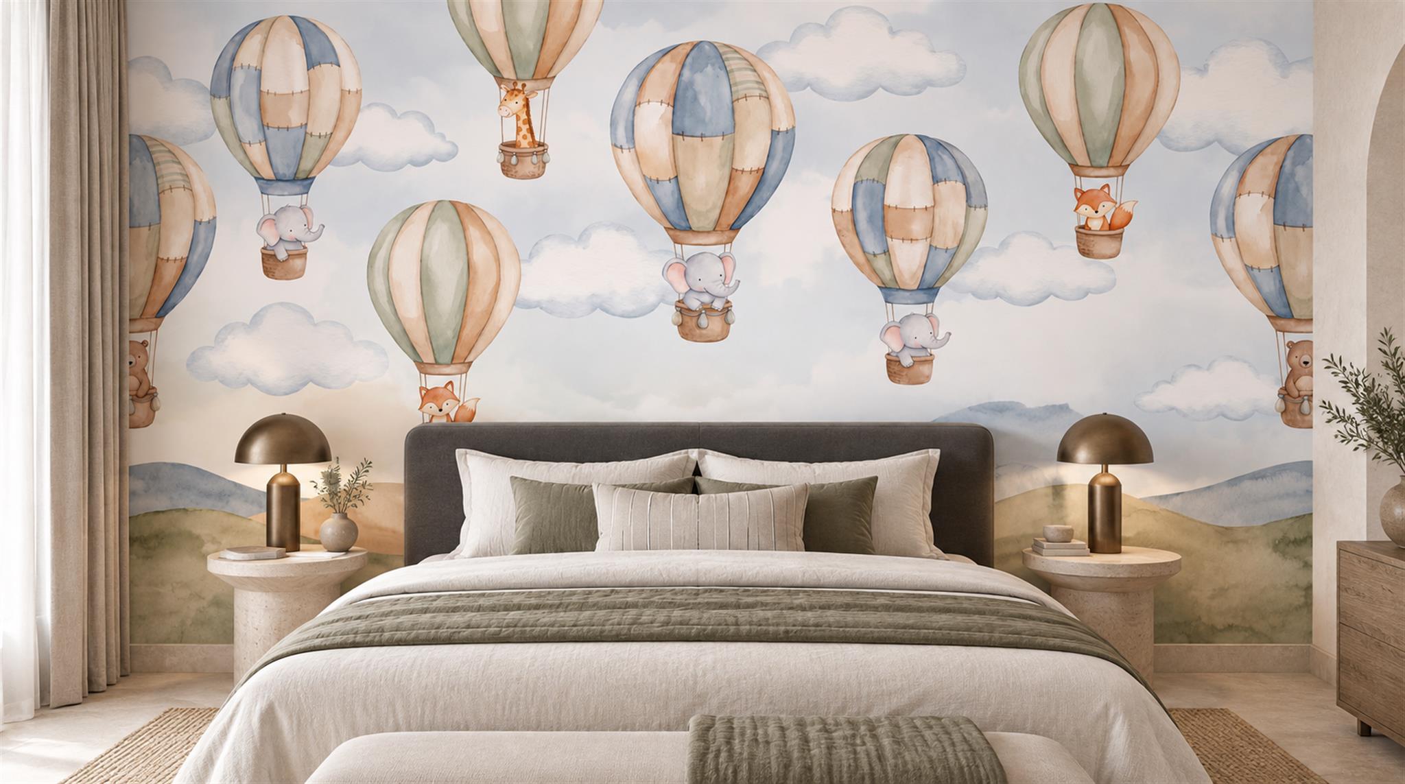 Hot Air Balloon Mountain Watercolour Wallpaper Mural Scene