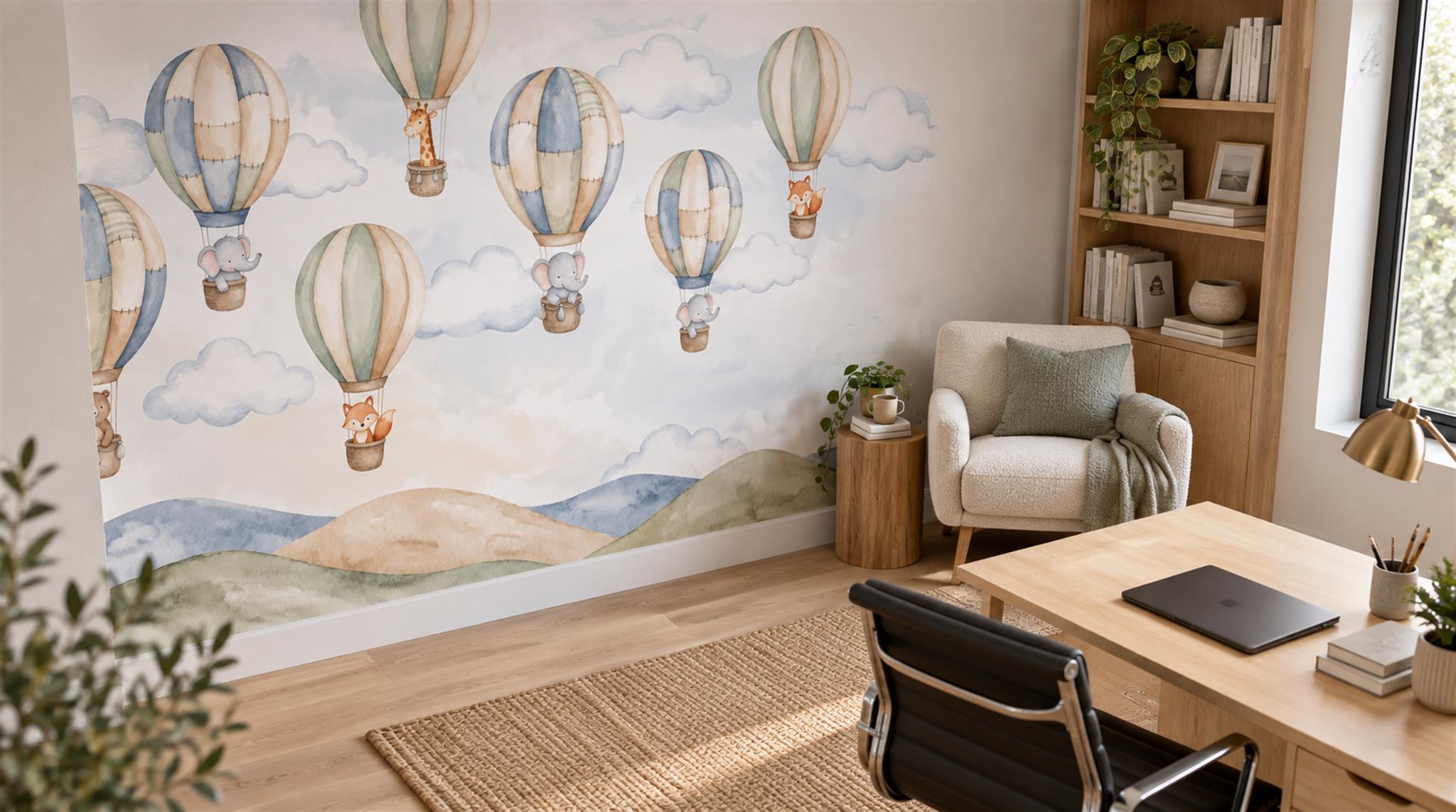 Hot Air Balloon Mountain Watercolour Wallpaper Mural Scene