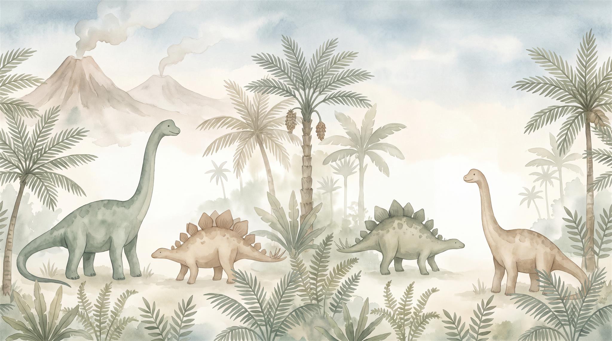 Dinosaur And Palm Watercolour Wallpaper Mural Main