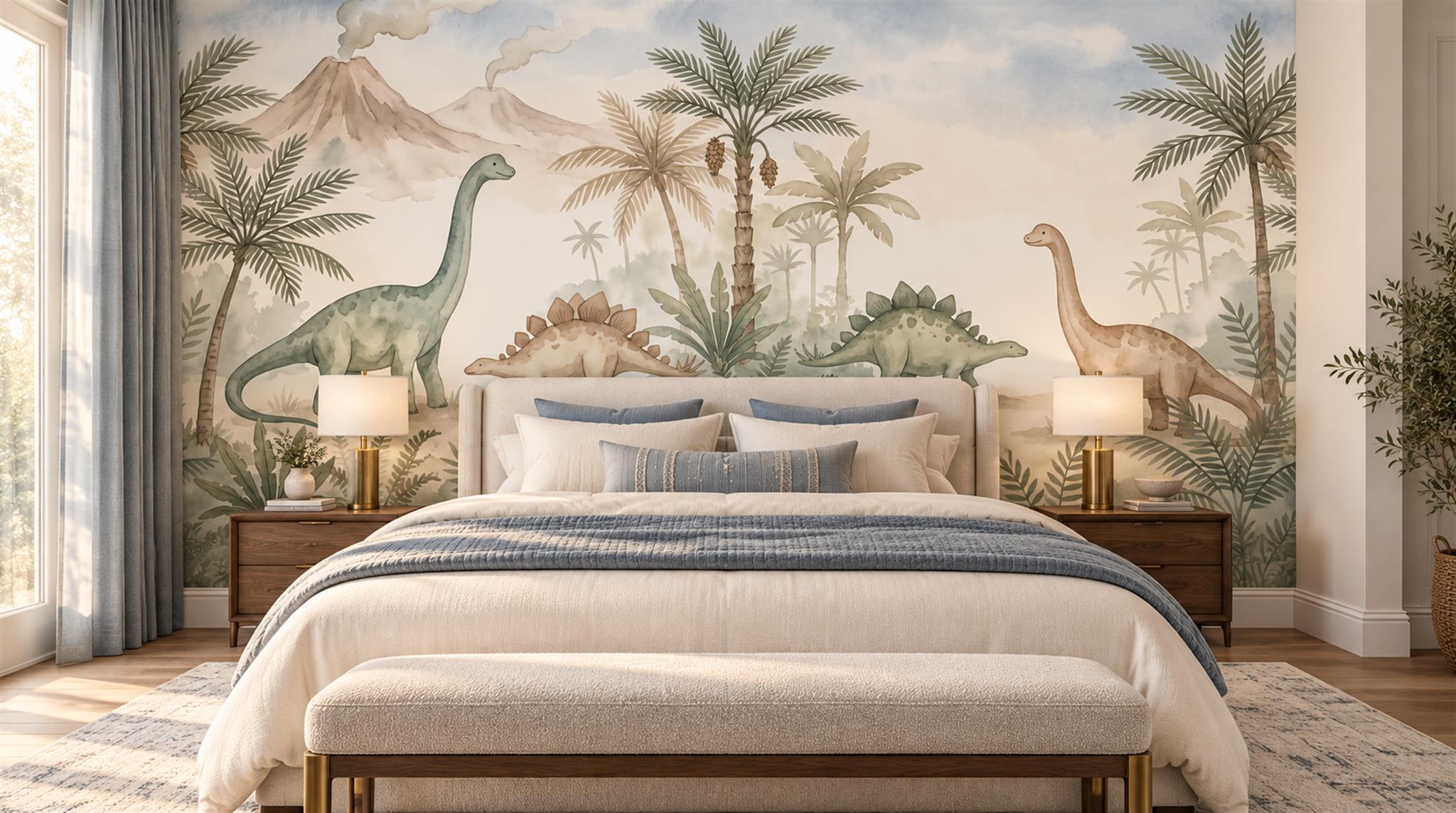 Dinosaur And Palm Watercolour Wallpaper Mural Main