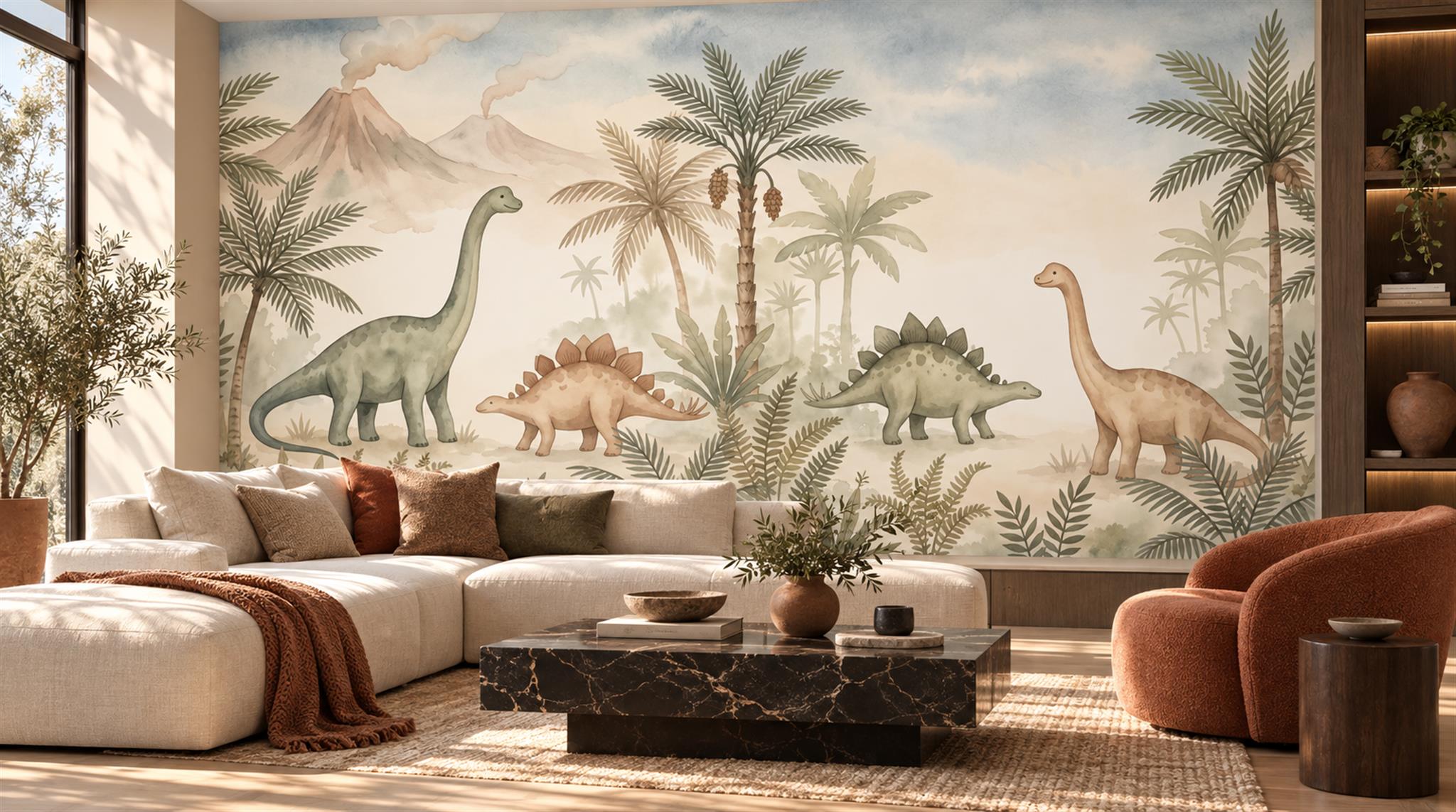 Dinosaur And Palm Watercolour Wallpaper Mural Scene