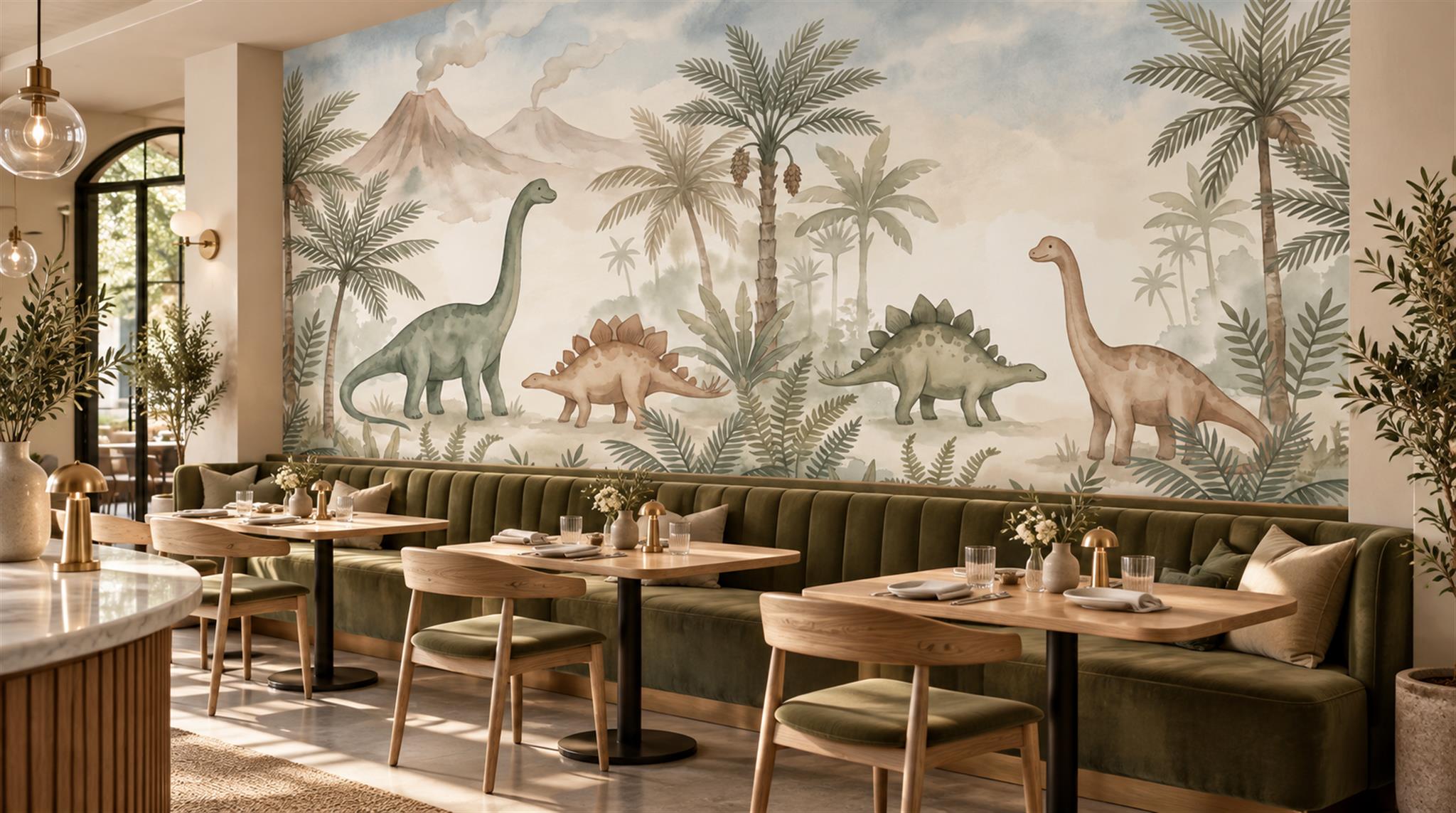 Dinosaur And Palm Watercolour Wallpaper Mural Scene