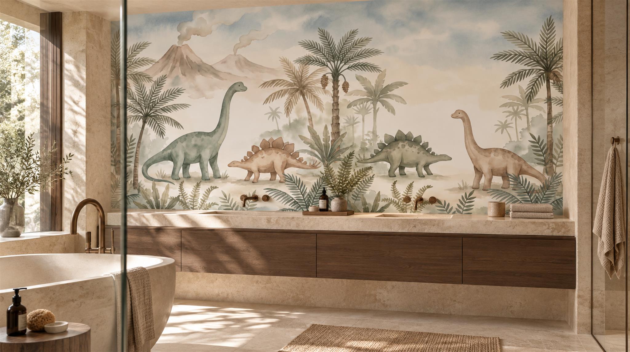 Dinosaur And Palm Watercolour Wallpaper Mural Scene