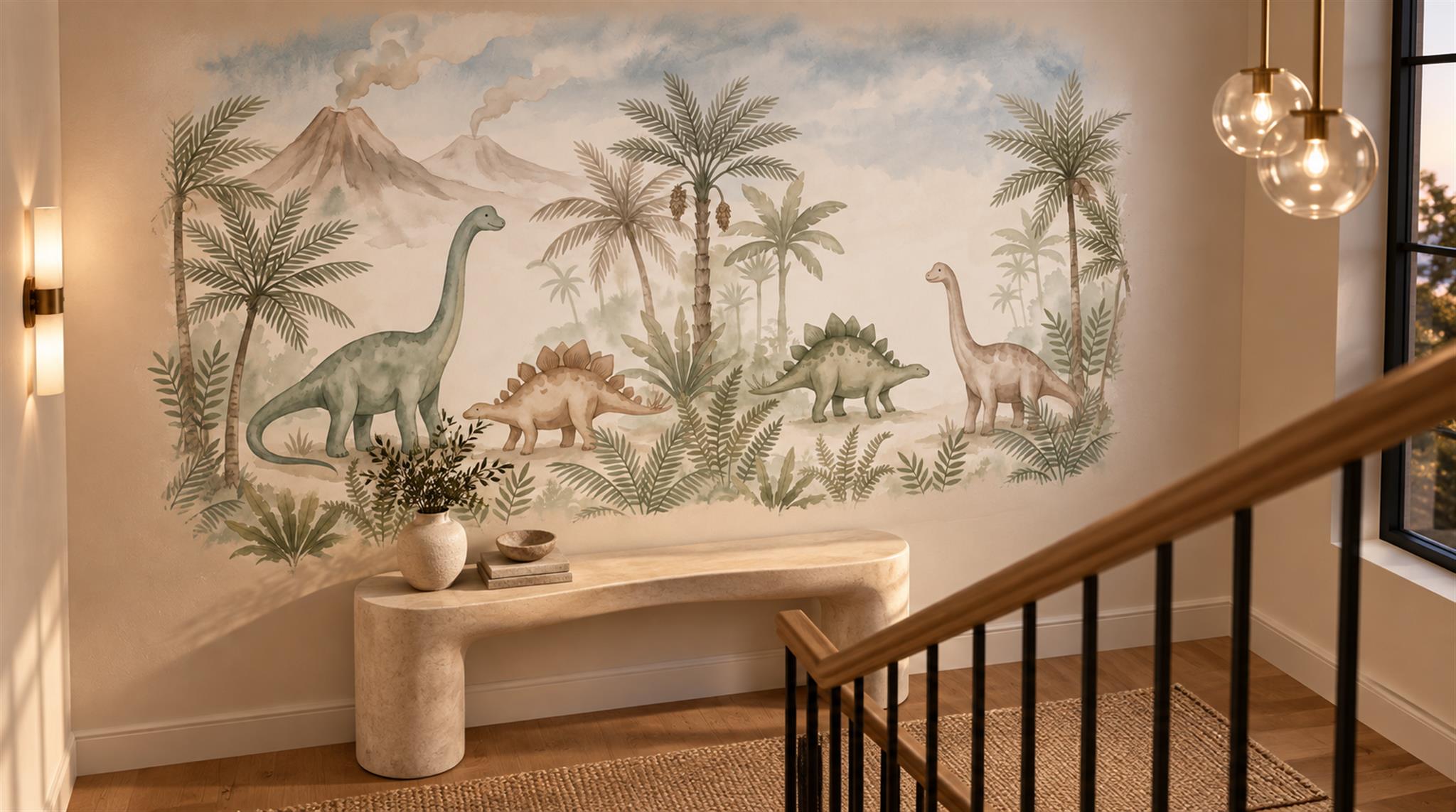 Dinosaur And Palm Watercolour Wallpaper Mural Scene